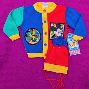 Vintage Mickey And Pluto Kids Color Block Sweater and Hat Set